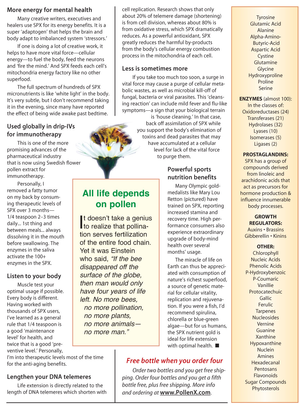 SPX UltraFood nutrient profile — amino acids, enzymes, prostaglandins, and phytosterols